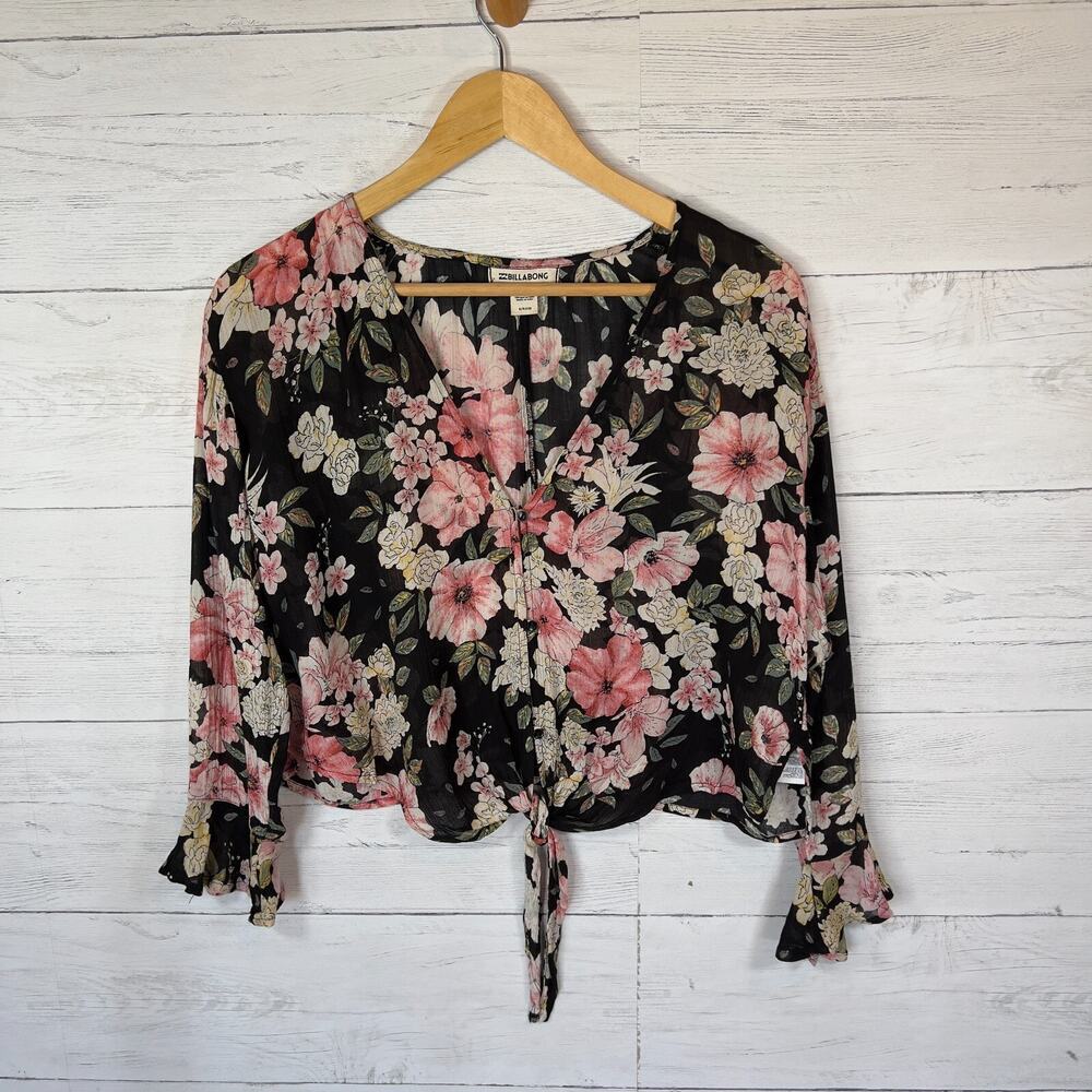 Billabong Top Womens SZ Small Black and Pink Girl Crush Floral Beach Flowy